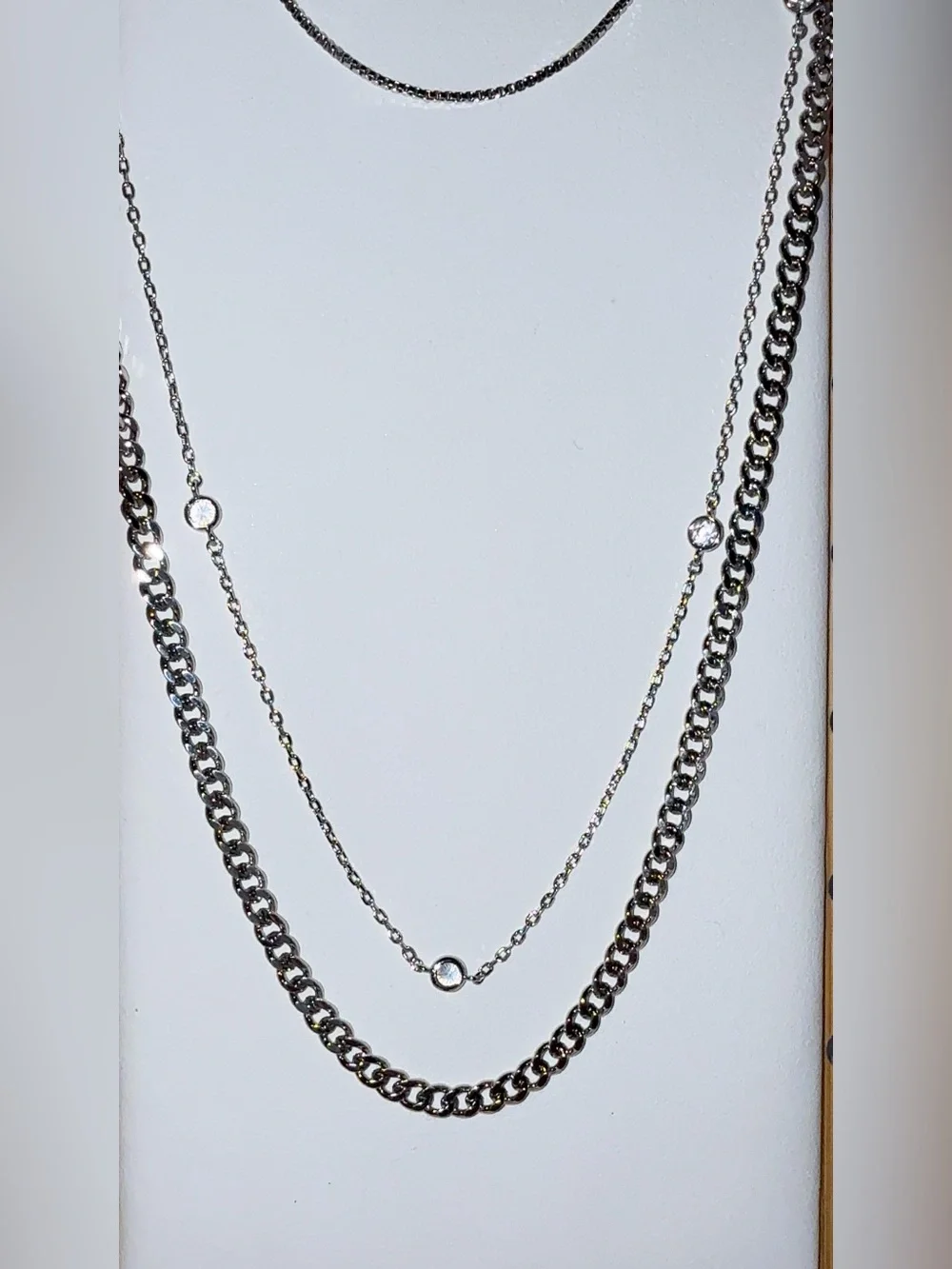 3 Layered Stainless Steel Silver Tone Crystal Station Necklace